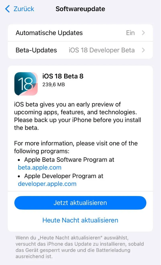 望都苹果手机维修分享苹果 iOS / iPadOS 18 开发者预览版 Beta 8 发布 